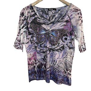 Apt. 9 y2k Butterfly Rhinestone Graphic Short Sleeve Fairycore Top L